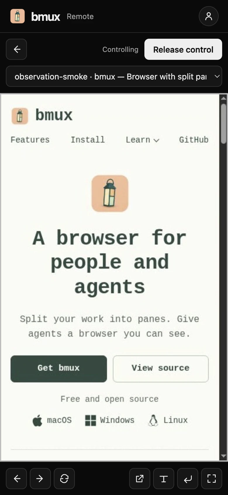 The bmux homepage streaming from a Linux host in the web viewer at phone width, with Controlling mode and navigation controls visible