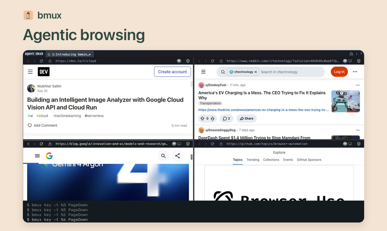 Four independent browser panes with the commands controlling them visible below