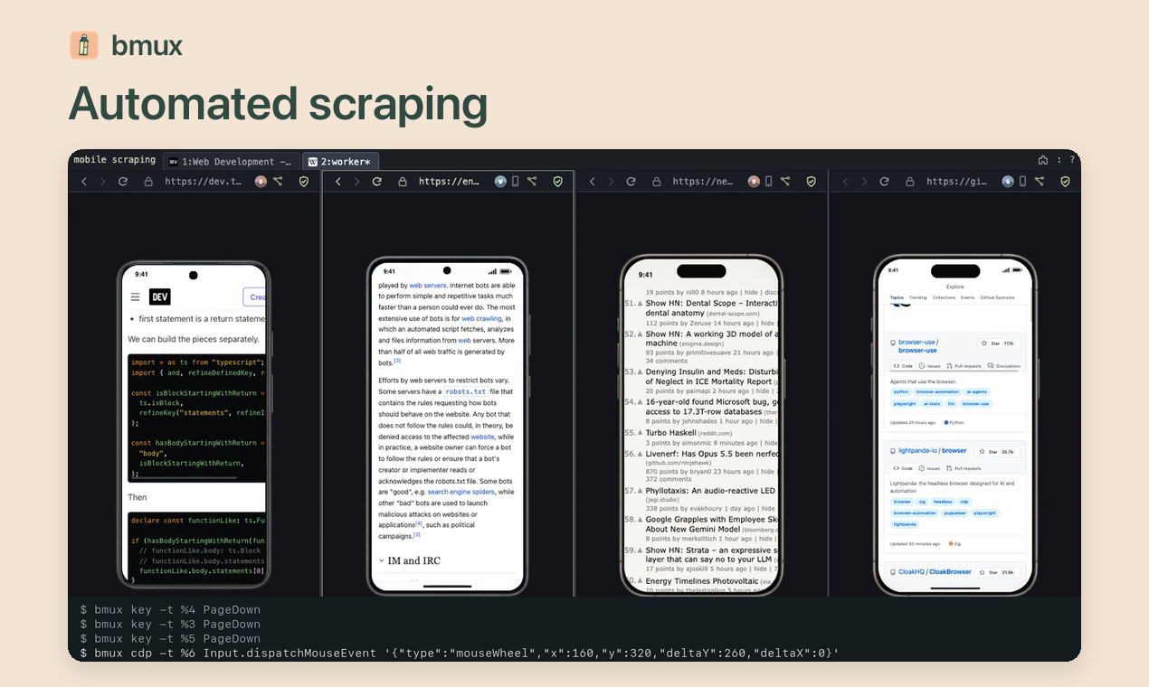 Four simulated mobile devices browsing separate pages, with worker commands underneath