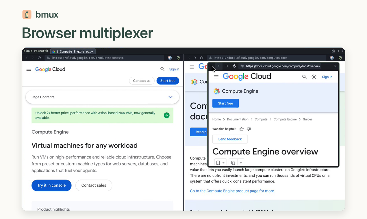 Two split browser panes with Google Cloud pages and a floating documentation reference above them