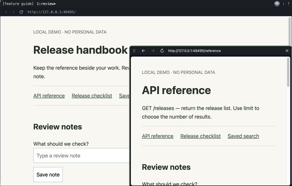 A real bmux browser workspace with a floating reference pane beside the main page