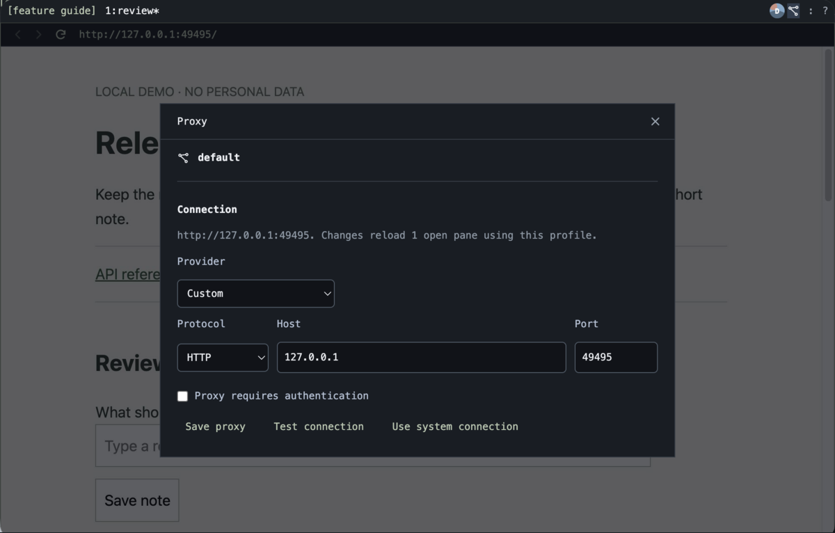 The bmux profile proxy panel