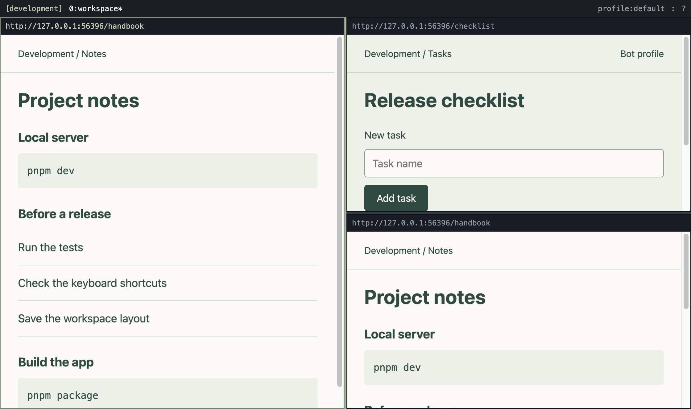 A bmux split layout with one tall browser pane on the left and two browser panes on the right