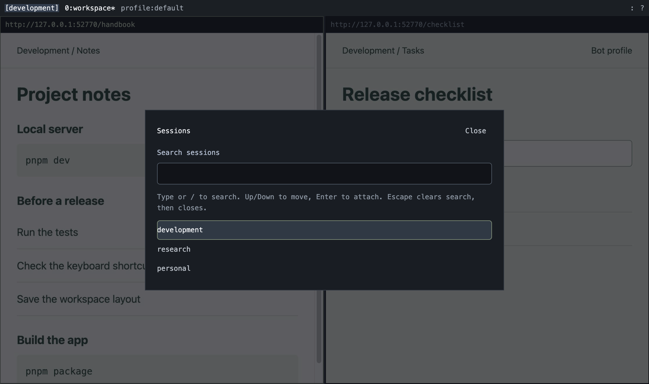 The bmux session picker showing development, research and personal workspaces