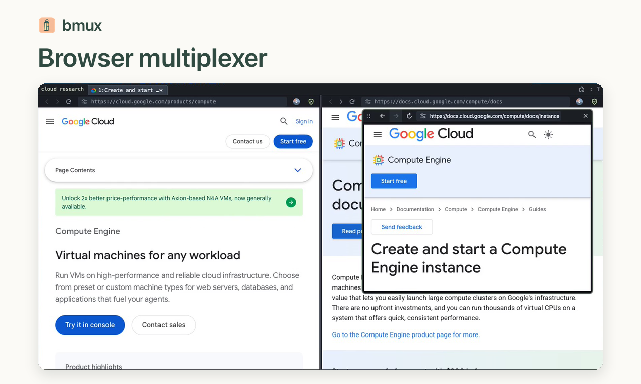 Two split browser panes with Google Cloud pages and a floating documentation reference above them.