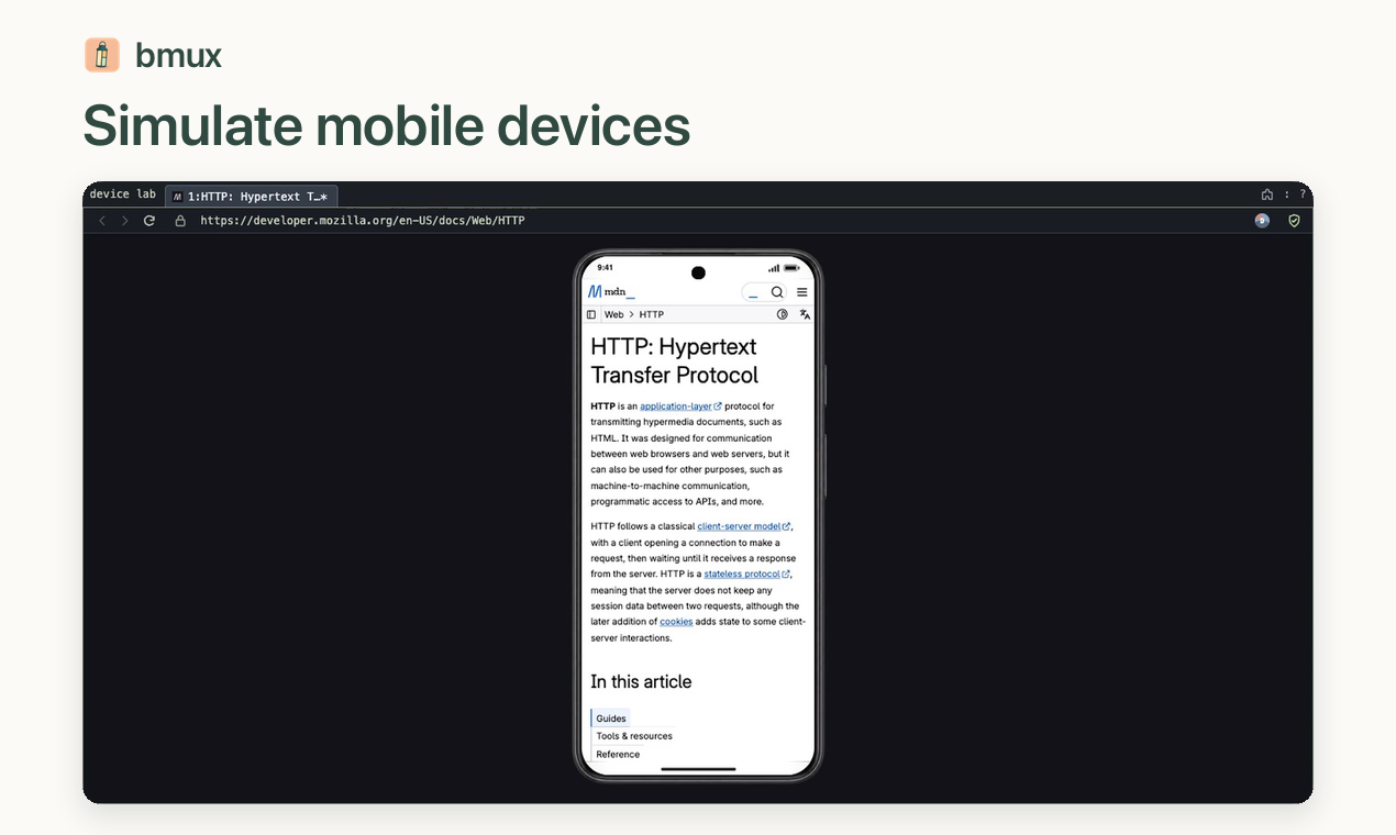 MDN documentation displayed inside a simulated phone in bmux.