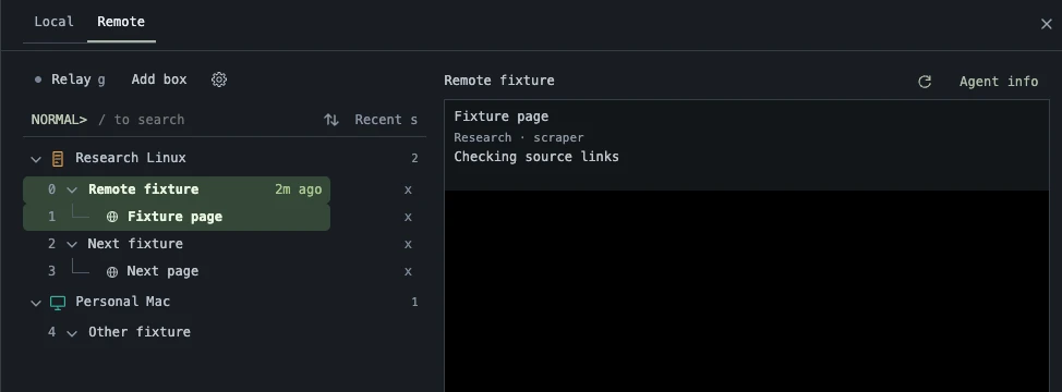 Desktop bmux Remote list with Research Linux and Personal Mac machines, nested sessions, numbered windows, and agent details beside the selection