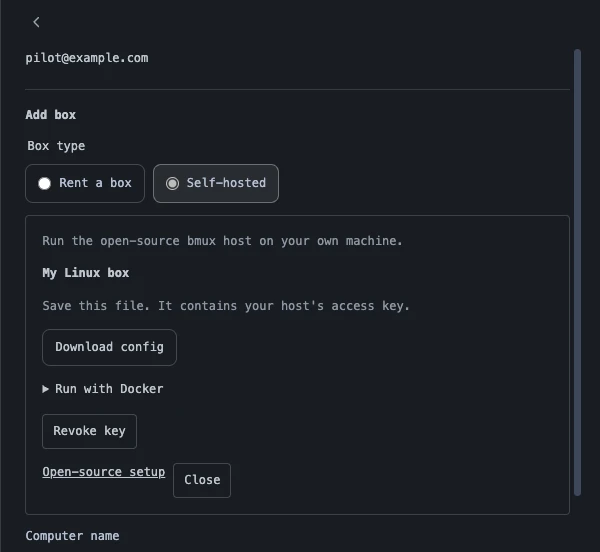 bmux Self-hosted box panel with Download config, Run with Docker, and Revoke key controls