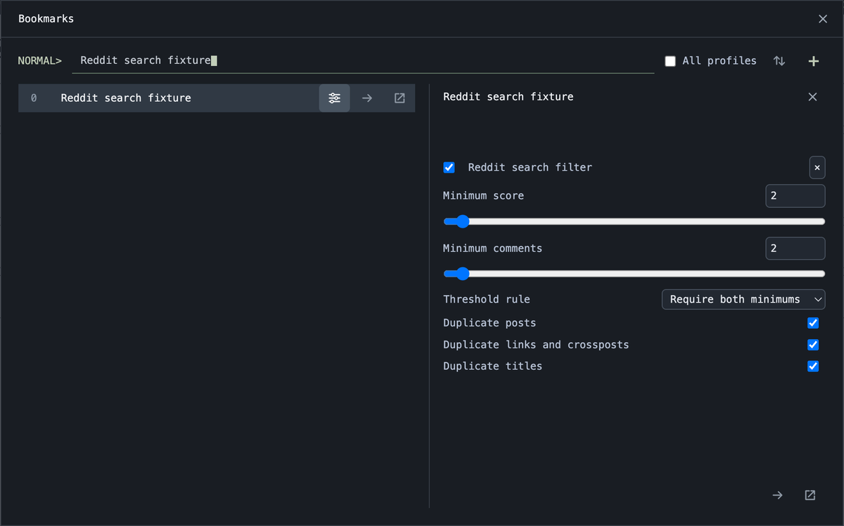 bmux bookmarks panel with a saved local search and Reddit filter settings beside it