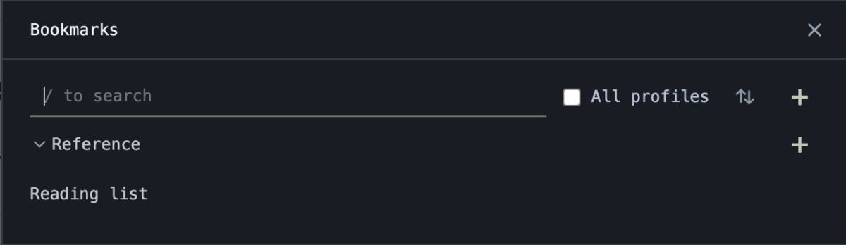 bmux bookmark picker with All profiles, reorder, and plus controls beside the Reference folder