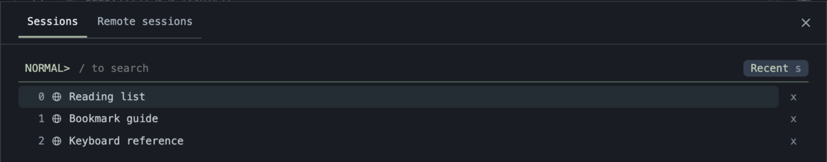 bmux session picker with Recent enabled and separate rows for the reading list, bookmark guide, and pinned keyboard reference