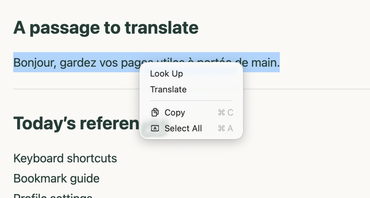 French text selected on a page with Translate visible in bmux's native right-click menu
