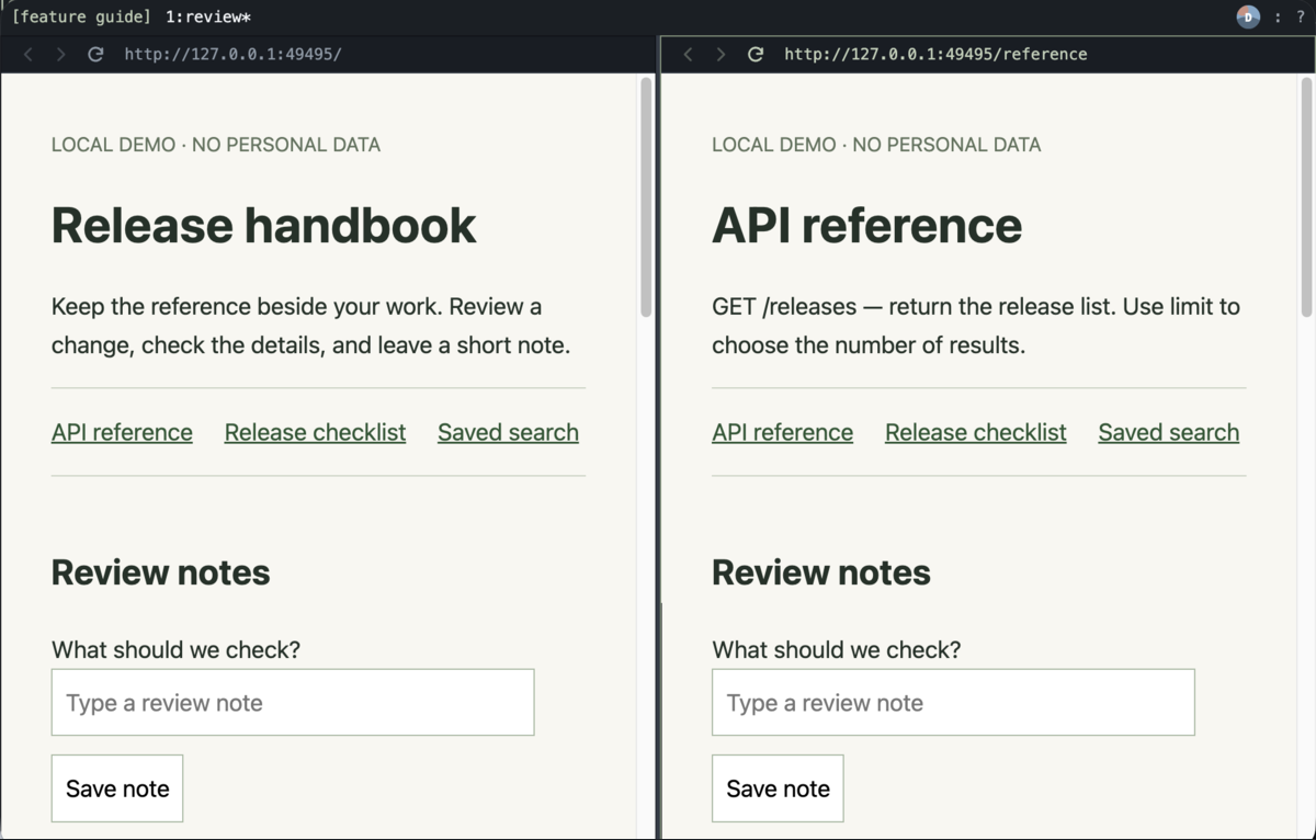 The reference returned to a split beside the review page