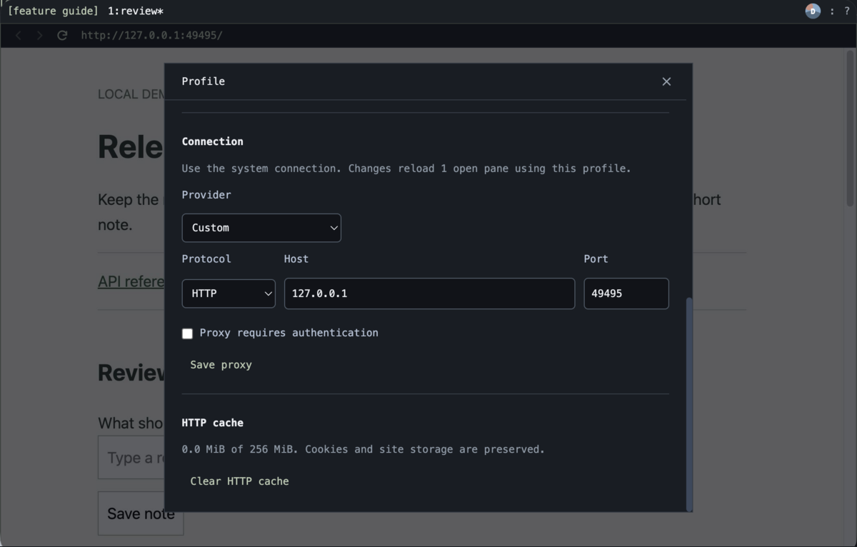 The profile connection form with a local HTTP endpoint