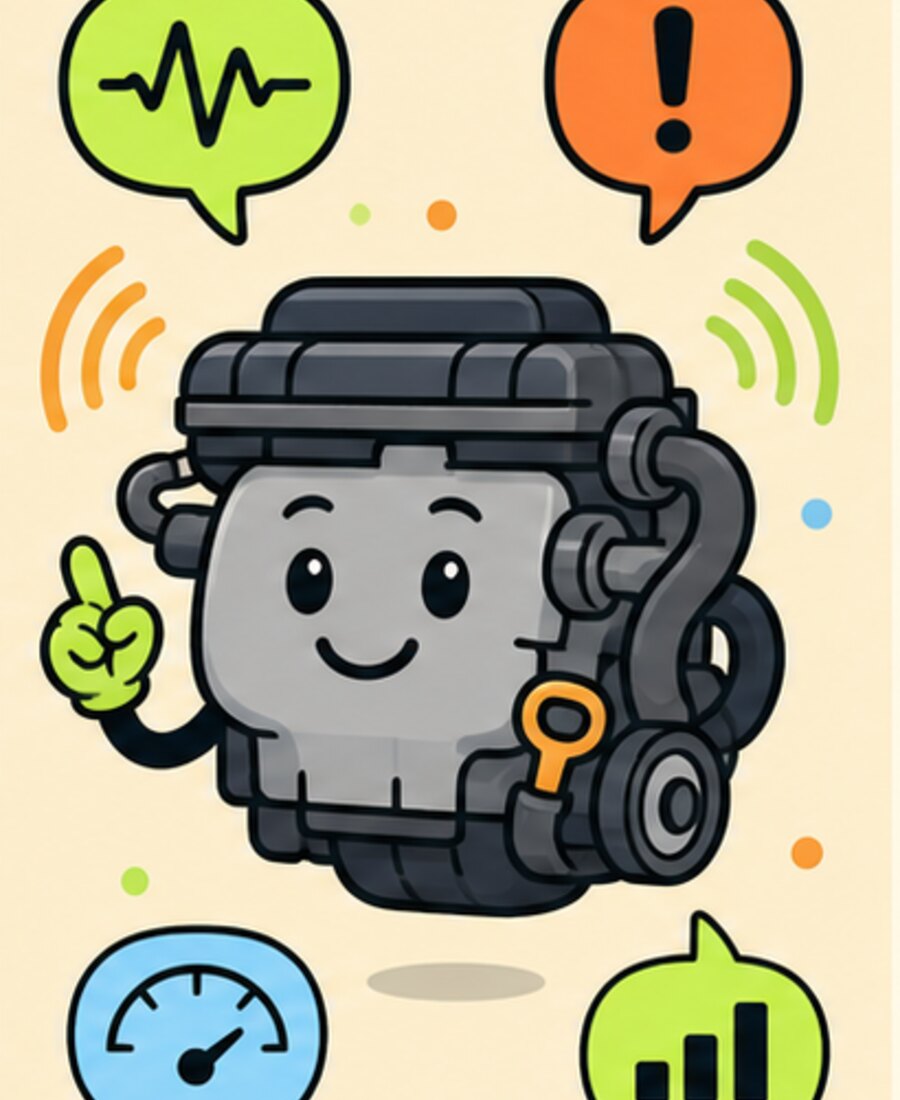 Cartoon engine cutaway with lime and orange sound wave patterns