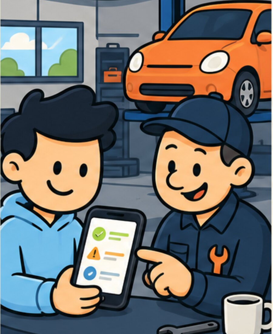 Cartoon driver and mechanic reviewing a vehicle sound report at a workshop