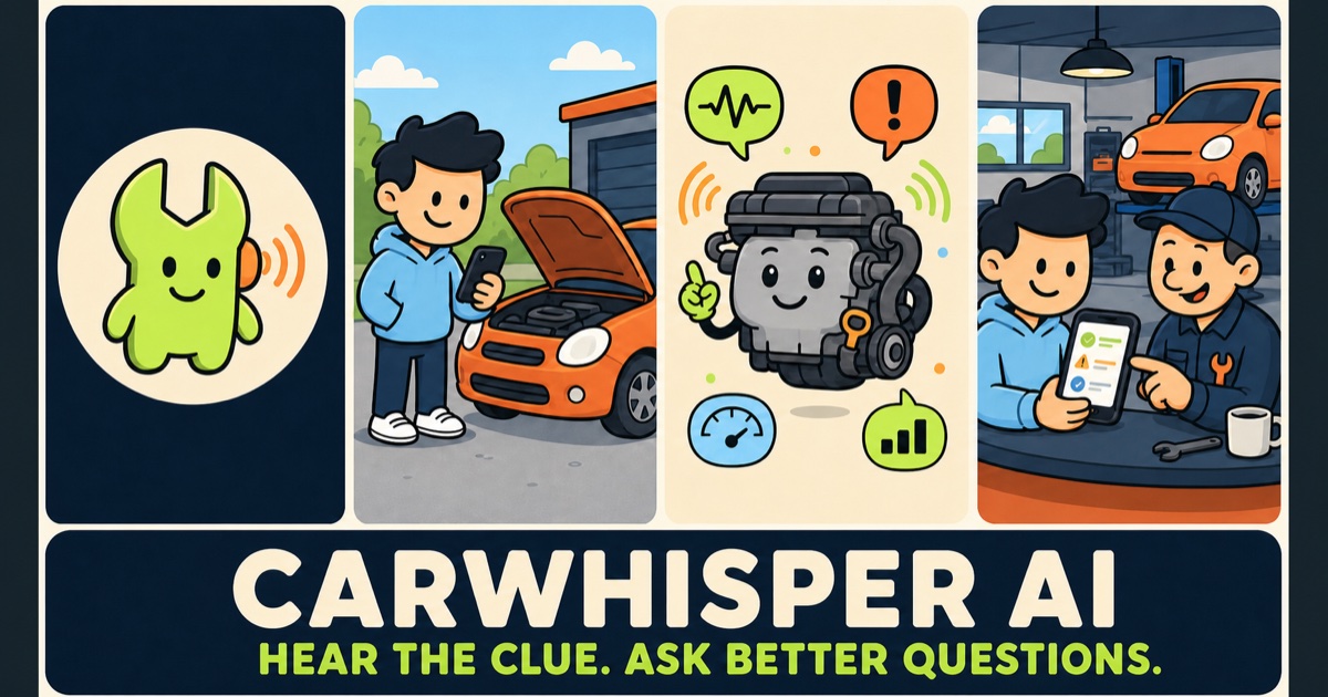 Cartoon CarWhisper AI triptych showing sound capture, engine comparison, and a mechanic handoff