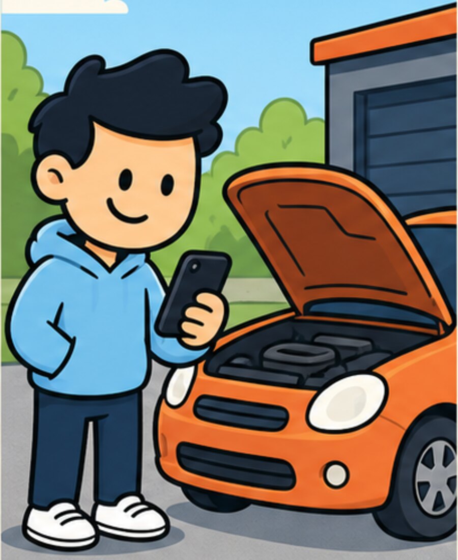 Cartoon driver safely recording the sound of a parked car with its hood open